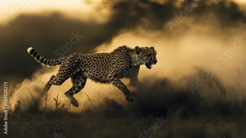 A cheetah sprinting across the plains of Kruger National Park, kicking up dust as it chases its prey.