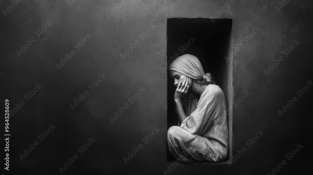 Contemplative Woman Sitting in a Dark Niche, Monochrome Artistic Portrait Contemplative Woman Sitting in a Dark Niche, Monochrome Artistic Portrait