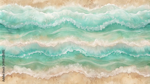 Mint green and sandy beige brush strokes wallpaper with seashore waves background, perfect for a soothing coastal vibe photo