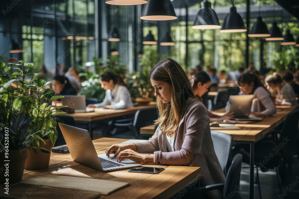 Focused woman working on laptop in modern office with plants Focused woman working on laptop in modern office with plants