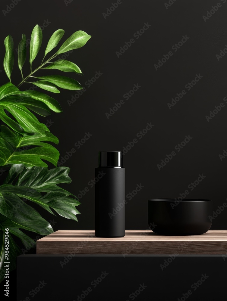 A black bottle product is showcased on a wooden shelf, with a dark background and a touch of greenery from a plant, creating a minimalist and stylish aesthetic. A black bottle product is showcased on a wooden shelf, with a dark background and a touch of greenery from a plant, creating a minimalist and stylish aesthetic.