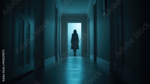 Mysterious Silhouette of a Woman Standing in a Dimly Lit Hallway with a Bright Light at the End