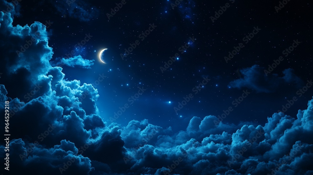 Obraz premium A breathtaking view of a dark night sky illuminated by a crescent moon and twinkling stars. The sky is filled with billowing clouds, creating a sense of wonder and mystery. The image evokes feelings o
