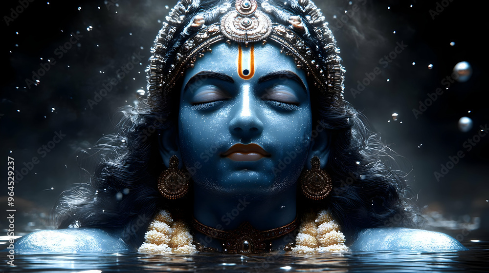 A serene depiction of a blue-skinned deity emerging from water, surrounded by ethereal elements. A serene depiction of a blue-skinned deity emerging from water, surrounded by ethereal elements.