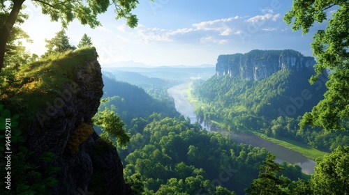 A breathtaking panorama of the Devil's Wall in Saxony-Anhalt, Germany, showcasing a dramatic cliff face, a meandering river, lush forests, and a picturesque valley. This image symbolizes natural beaut