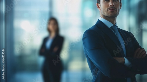 Businessman stands, woman background