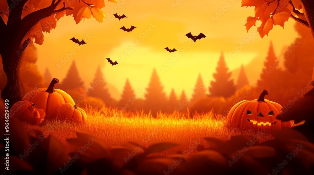 A charming autumn scene featuring a pumpkin patch in the foreground, surrounded by vibrant fall foliage. Bats fly overhead against a warm sunset sky, creating a festive Halloween ambiance. The scene s A charming autumn scene featuring a pumpkin patch in the foreground, surrounded by vibrant fall foliage. Bats fly overhead against a warm sunset sky, creating a festive Halloween ambiance. The scene s