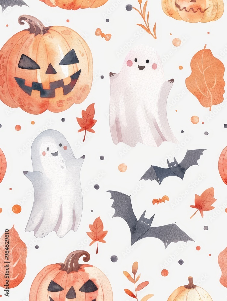 A charming watercolor pattern featuring happy ghosts, carved pumpkins, and bats, perfect for adding a touch of festive fun to your Halloween projects.