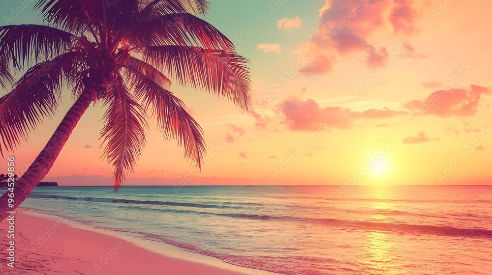 Fototapeta premium Mesmerizing Tropical Beach Sunset with Swaying Palm Trees and Warm Colors