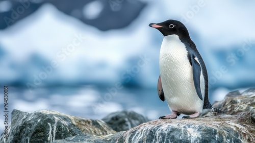 A close-up of an Adlie penguin standing on a rocky outcrop in Antarctica, with the icy landscape stretching out behind it. photo