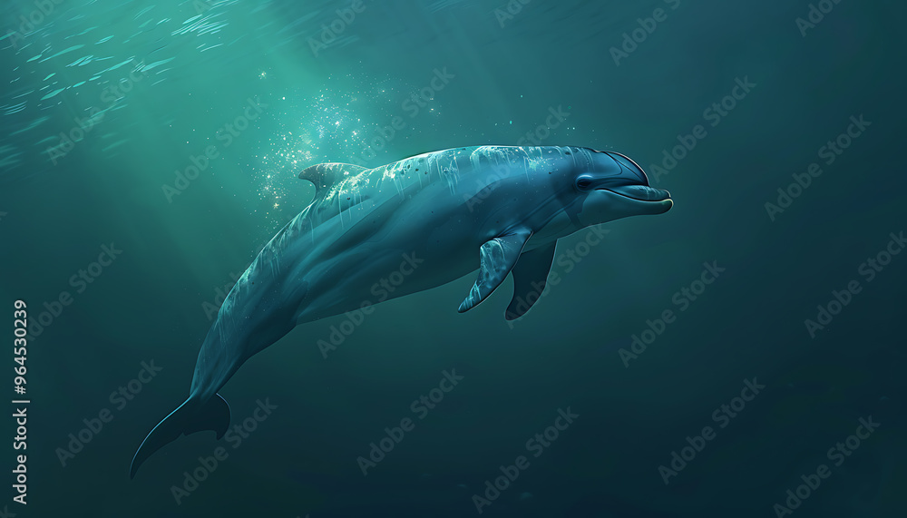 Fototapeta premium Glowing Dolphin: Realistic Portrait of a Radiating Marine Creature Swimming in Radioactive Waters