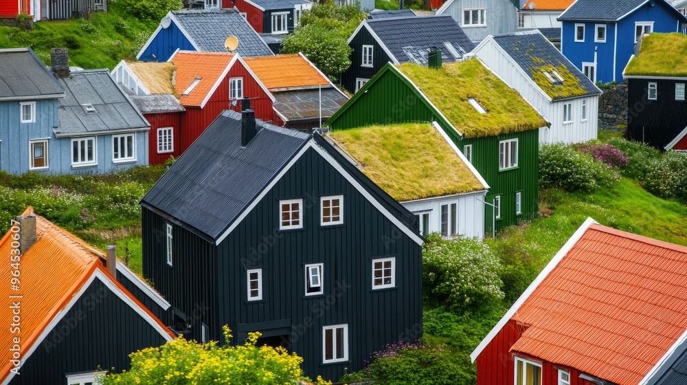 A close-up of the colorful turf-roofed houses in the village of Trshavn, the capital of the Faroe Islands. A close-up of the colorful turf-roofed houses in the village of Trshavn, the capital of the Faroe Islands.