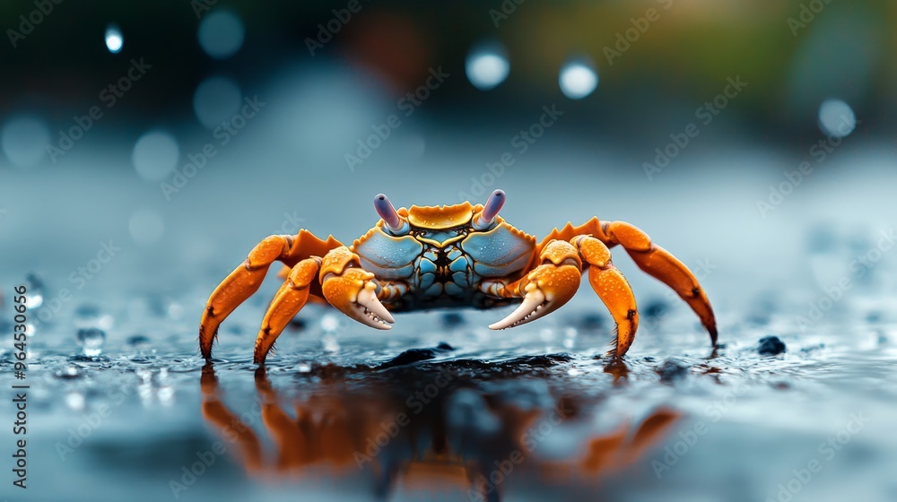 A close-up shot of a vibrant orange crab with blue accents, standing on a wet surface with water droplets scattered around. The crab's claws are extended, creating a sense of movement and alertness. T A close-up shot of a vibrant orange crab with blue accents, standing on a wet surface with water droplets scattered around. The crab's claws are extended, creating a sense of movement and alertness. T