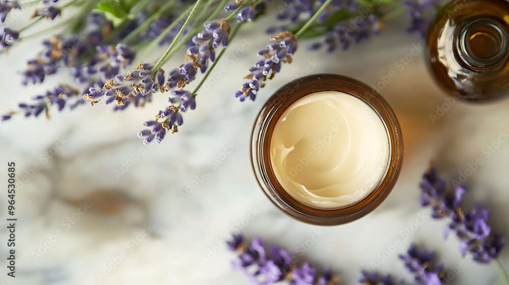 the cream jar with soothing lavender flowers and essential oils nearby, creating a calming, wellness-focused scene the cream jar with soothing lavender flowers and essential oils nearby, creating a calming, wellness-focused scene