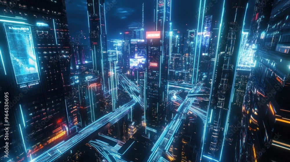 Obraz premium Cyberpunk Cityscape with Neon Lights