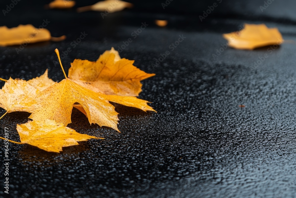 A close-up view of golden yellow fallen leaves resting on a wet black surface, symbolizing the beauty of autumn, the passing of time, the cycle of life and nature's transition. A close-up view of golden yellow fallen leaves resting on a wet black surface, symbolizing the beauty of autumn, the passing of time, the cycle of life and nature's transition.
