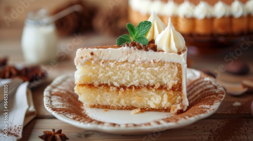 Classic sponge cake slice with cream and mint garnish