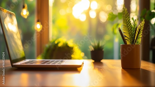 Wallpaper Mural A cozy home office with a laptop, plants, and natural light streaming through the window. It symbolizes the importance of nature, technology, and a comfortable workspace for focused learning and work. Torontodigital.ca