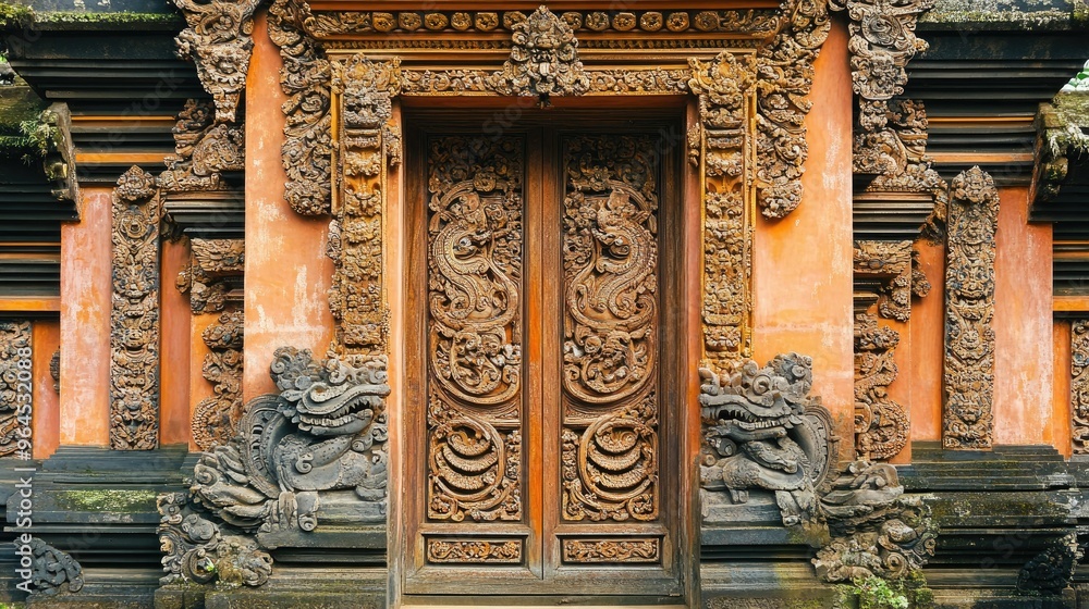 Obraz premium A close-up of the intricate carvings on the doors of a traditional Balinese temple.