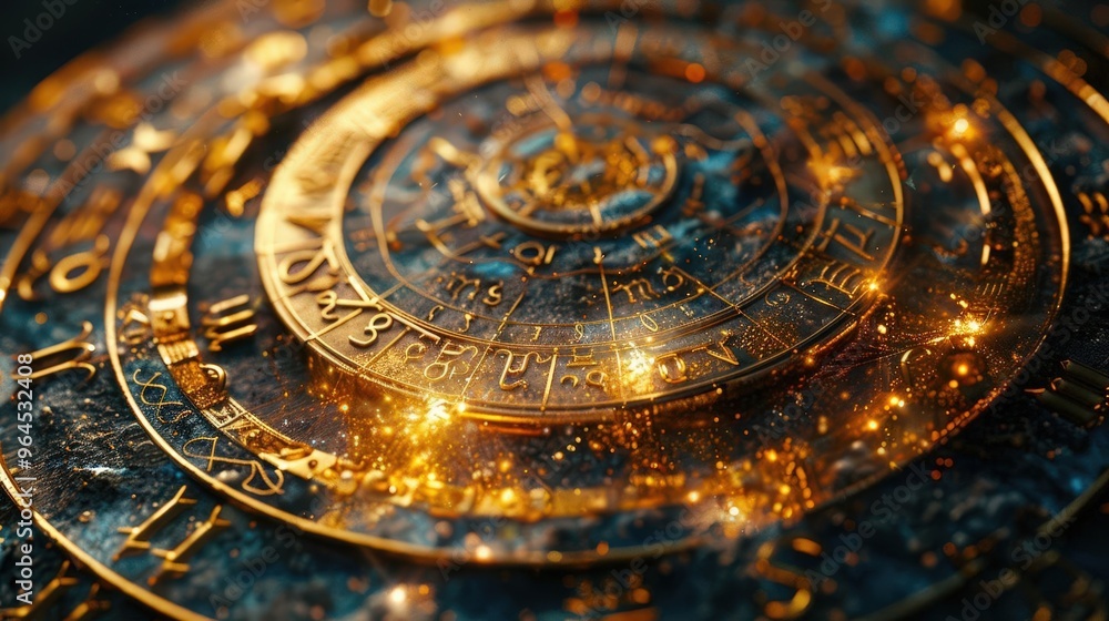 custom made wallpaper toronto digitalClose-up of an intricate astrological wheel with shimmering golden details and cosmic elements, perfect for mystical themes.