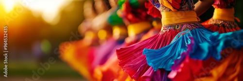 A group of young people in colorful traditional clothing dance and celebrate Hispanic heritage. The image symbolizes cultural expression, diversity, community, joy, and youth empowerment.