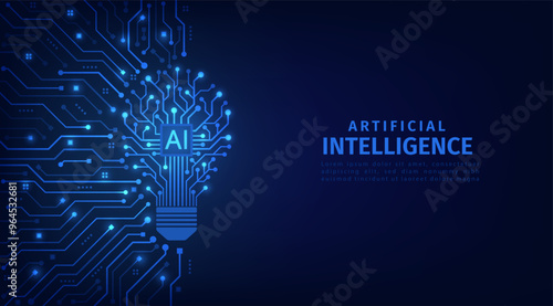 The light bulb circuit with AI chip on the circuit motherboard. Idea and innovation by AI. Artificial intelligence and Machine learning technology concept. Vector Illustration.