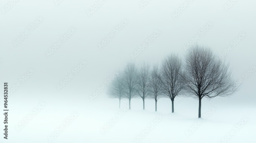 A line of bare trees stand silhouetted against a foggy, white winter landscape, symbolizing serenity, solitude, mystery, tranquility, and the passage of time. A line of bare trees stand silhouetted against a foggy, white winter landscape, symbolizing serenity, solitude, mystery, tranquility, and the passage of time.