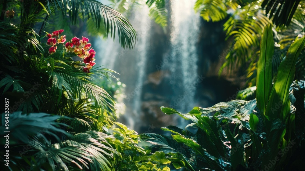 Obraz premium A close-up of the lush vegetation surrounding Victoria Falls, with orchids and ferns visible and the sound of the waterfalls in the background.
