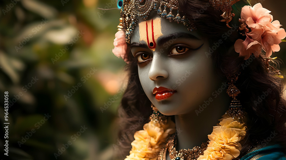 A serene depiction of a deity adorned with flowers and jewelry, exuding tranquility. A serene depiction of a deity adorned with flowers and jewelry, exuding tranquility.