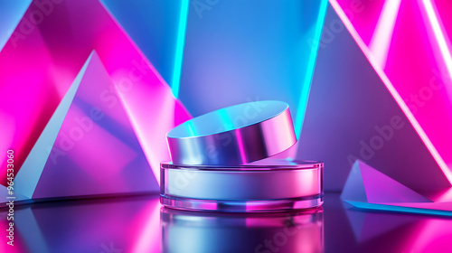 The cream product is shot with a backdrop of sharp, triangular shapes and vibrant neon lighting photo