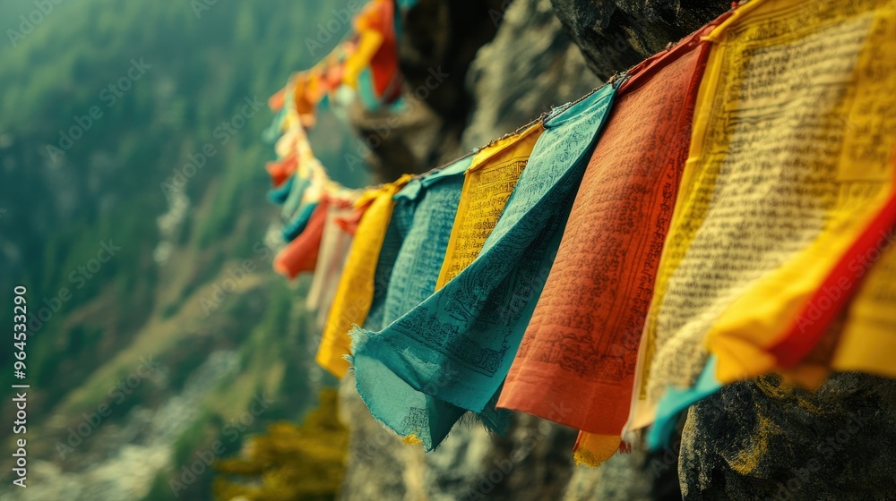 A close-up of the prayer flags near Tiger's Nest Monastery, with the vibrant colors contrasting against the cliffs. A close-up of the prayer flags near Tiger's Nest Monastery, with the vibrant colors contrasting against the cliffs.