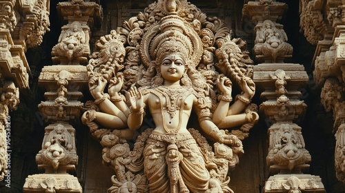 A close-up of the ornate carvings on the walls of the Krishna Temple in Hampi.