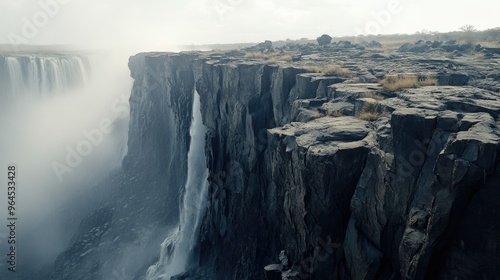 A close-up of the rocky cliffs at Victoria Falls, with the water cascading over the edge and mist rising in the background.