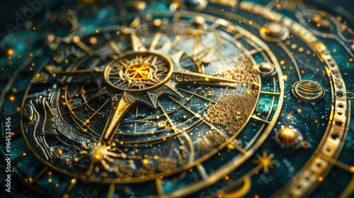 Intricate celestial compass design featuring gold accents, stars, and mystical symbols on a deep blue background.