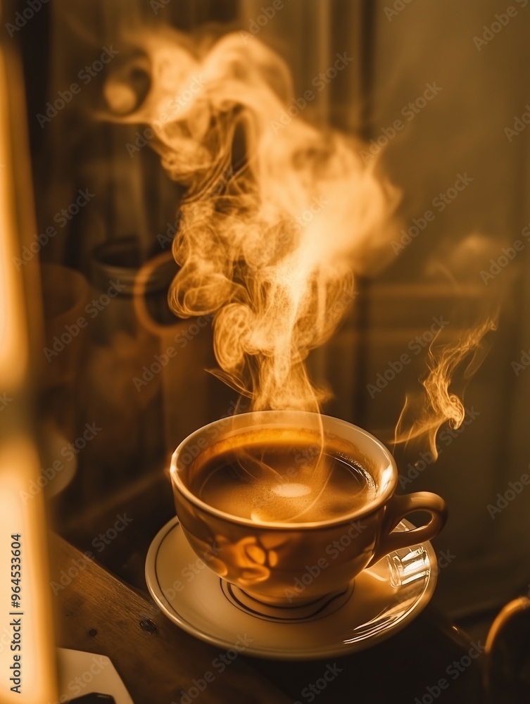 A steaming cup of coffee on a wooden table in soft warm lighting.