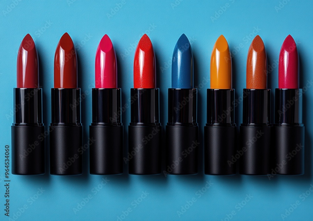 Colorful array of lipsticks displayed on a bright blue surface showcasing various shades and finishes