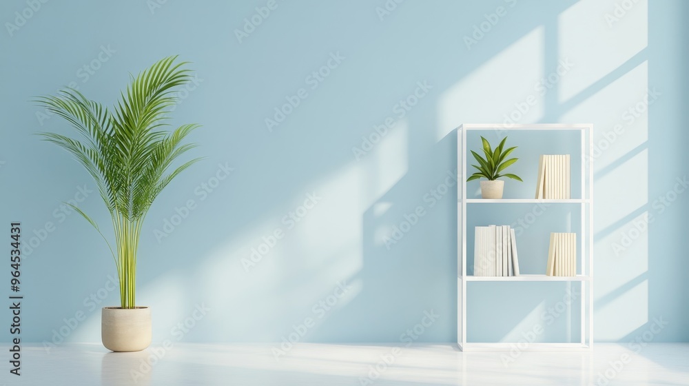 A serene and minimalist reading nook featuring a white bookshelf with potted plants, creating a cozy and inviting space for relaxation and literary enjoyment. A serene and minimalist reading nook featuring a white bookshelf with potted plants, creating a cozy and inviting space for relaxation and literary enjoyment.