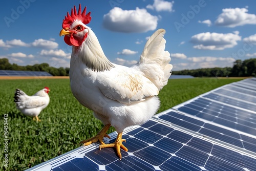 Poultry farm, solar-powered operations, green energy runs the farm using solar power, reducing reliance on non-renewable energy