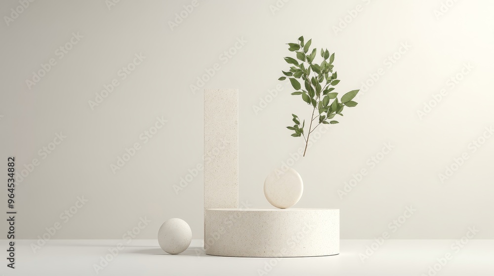 A simple and elegant product display featuring a white podium, a sphere, a rectangular block, and a delicate branch with green leaves. This minimalist design emphasizes the product while incorporating A simple and elegant product display featuring a white podium, a sphere, a rectangular block, and a delicate branch with green leaves. This minimalist design emphasizes the product while incorporating