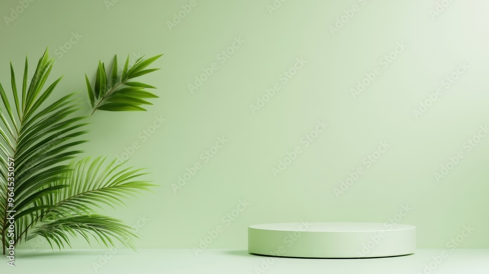 A simple yet elegant product display platform with a green background and palm leaves. This image is perfect for showcasing beauty products, cosmetics, or other small items. The minimalist design and A simple yet elegant product display platform with a green background and palm leaves. This image is perfect for showcasing beauty products, cosmetics, or other small items. The minimalist design and