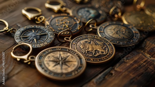 A collection of antique bronze medals displayed on a rustic wooden surface, showcasing intricate designs and craftsmanship.