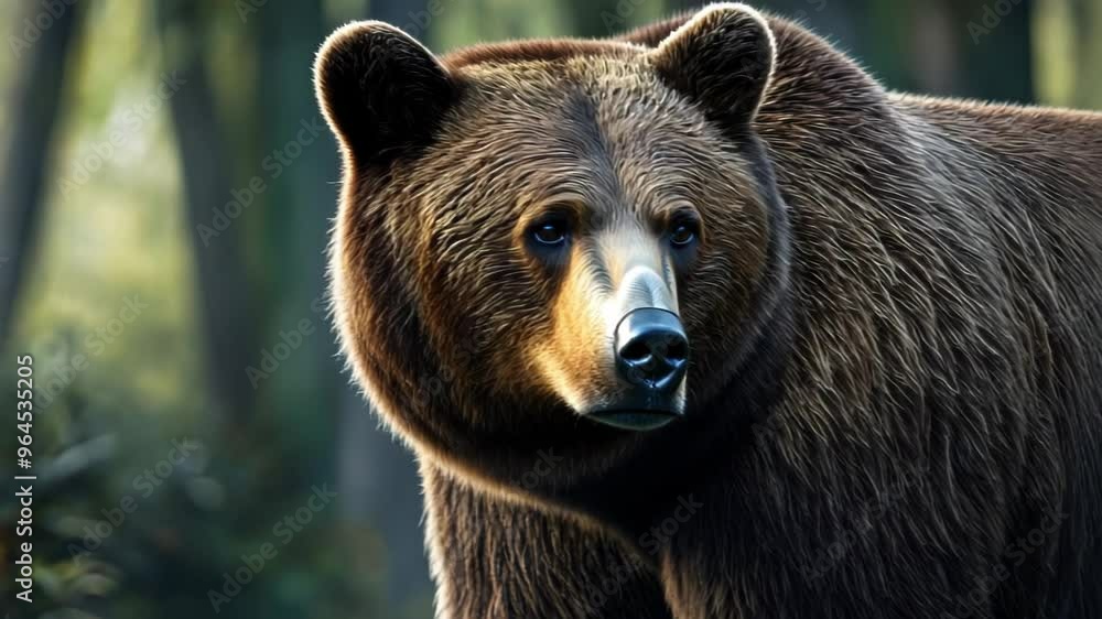 A close-up portrait of a brown bear's face, showing its fur texture and dark eyes. A close-up portrait of a brown bear's face, showing its fur texture and dark eyes.