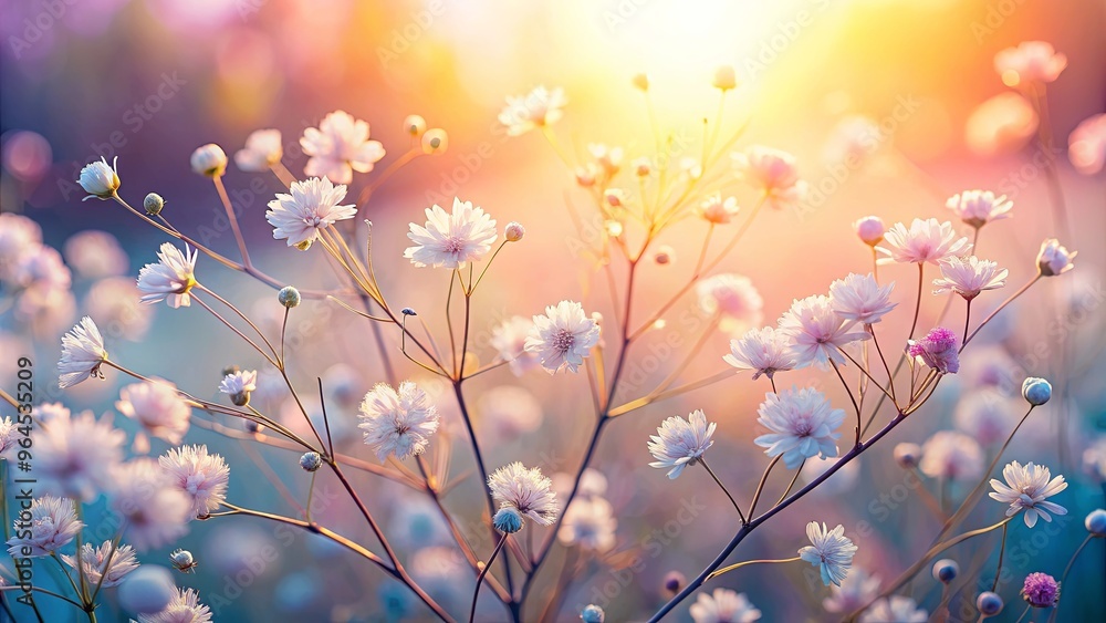 Soft pastel flower background featuring delicate blossoms at sunrise Soft pastel flower background featuring delicate blossoms at sunrise
