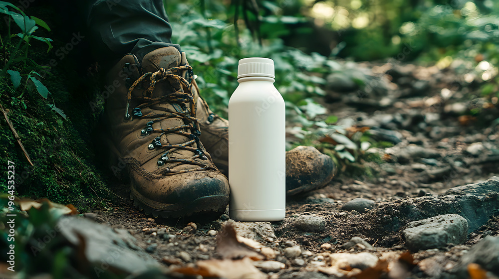 The reusable white bottle lying on a trail with a hiking boot nearby The reusable white bottle lying on a trail with a hiking boot nearby