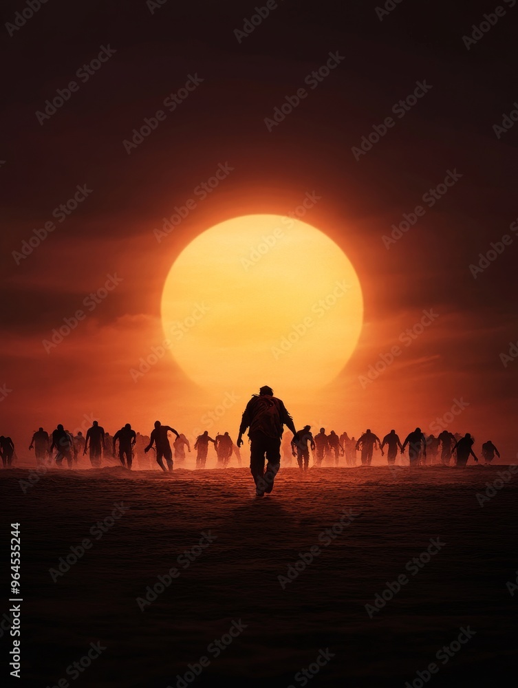 A single figure walks away from a large horde of zombies, silhouetted against a bright sunset. The image symbolizes survival, fear, the human condition, and the inevitability of death. A single figure walks away from a large horde of zombies, silhouetted against a bright sunset. The image symbolizes survival, fear, the human condition, and the inevitability of death.