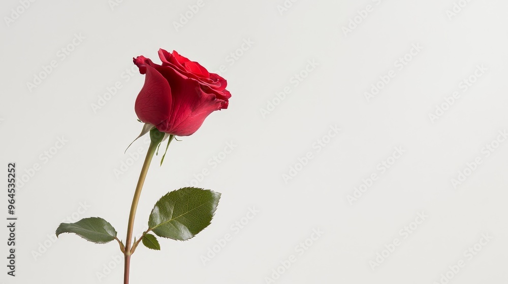 Obraz premium A single red rose with lush petals, gracefully positioned against a pristine white backdrop. The rose symbolizes love, passion, beauty, and romance. It evokes a sense of elegance and sophistication.