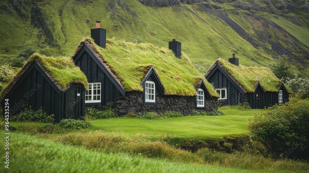 A close-up of the turf-roofed houses in the village of Gsadalur, surrounded by lush green hills. A close-up of the turf-roofed houses in the village of Gsadalur, surrounded by lush green hills.