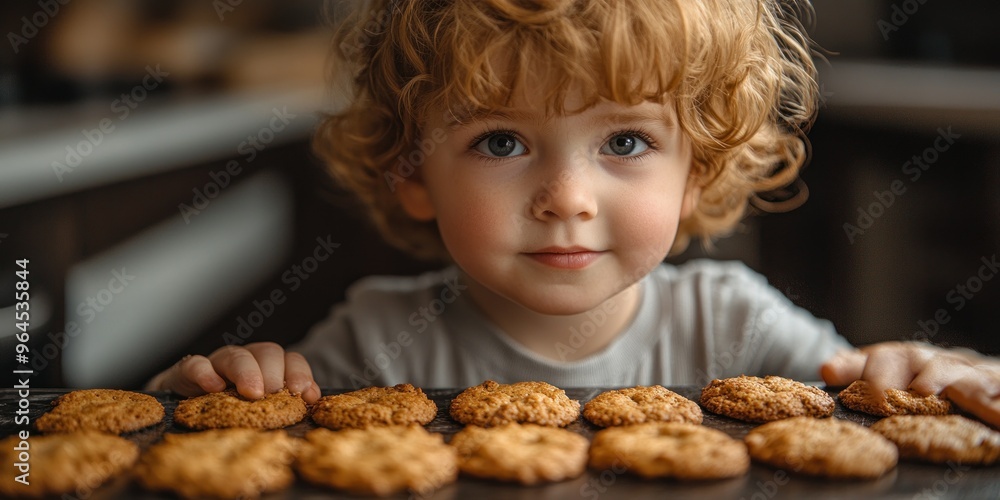 A child admires a tray of homemade cookies in a warm kitchen, filled with excitement and joy A child admires a tray of homemade cookies in a warm kitchen, filled with excitement and joy