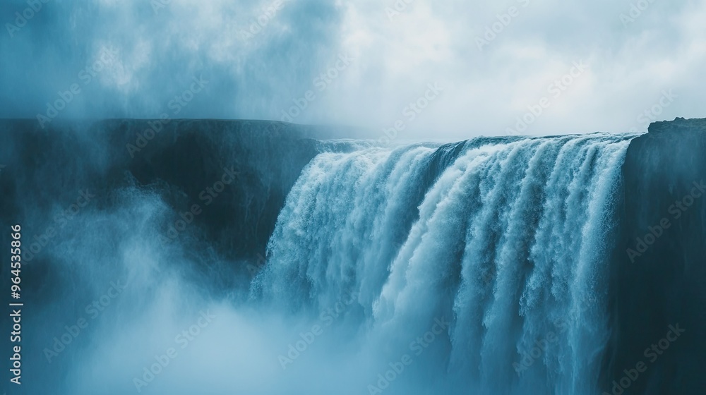 Fototapeta premium A close-up of the water cascading over the edge of Victoria Falls, with mist rising in the background.