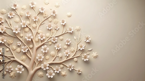 Minimalistic 3D Floral Tree Wallpaper with Delicate Blossoms and Soft Beige Background 